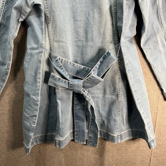 Susan Graver High Stretch Denim Long Jean Jacket Bleached Denim Large Petite - Picture 7 of 11